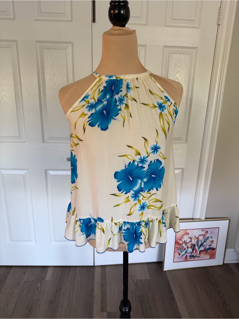 Floral Halter Ruffle Hem Tank Top - Blue/White